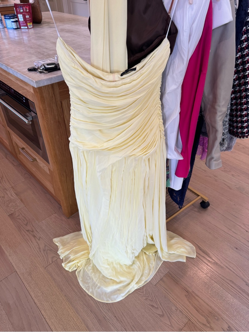 Lulu's Pale Yellow Strapless Ruched Evening Gown